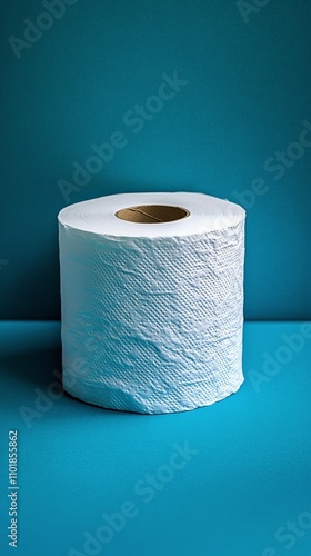 White toilet paper roll on blue textured background with shadow cast below