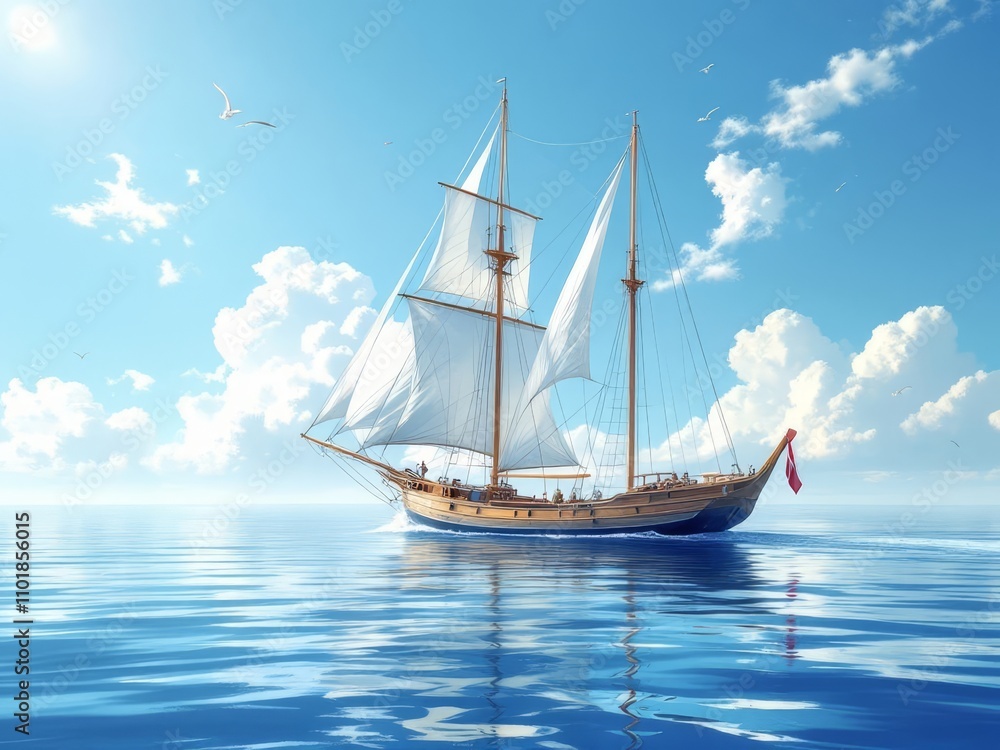 Sun-drenched sailboat, serene midday seas, rule of thirds composition. Sun-drenched sailboat, serene midday seas, rule of thirds composition.