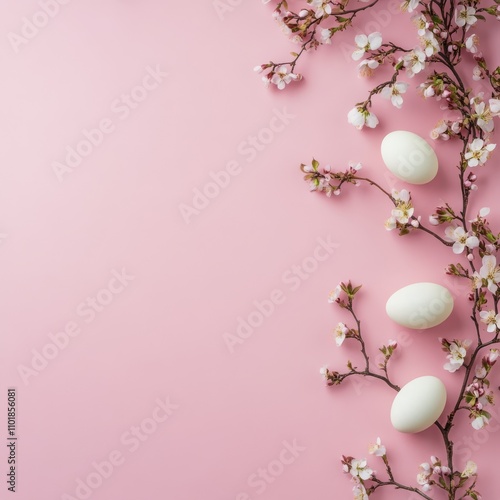 Decorative pink background with white eggs and blooming branches for spring c...