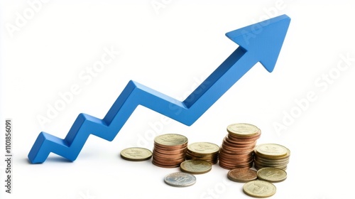 Blue arrow pointing upward above a pile of coins on a light background