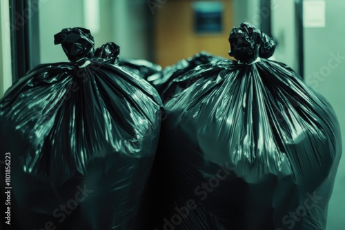 Two black bags of trash sitting together on the ground photo