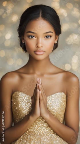 Young model in a sparkling dress poses elegantly with hands together against ...
