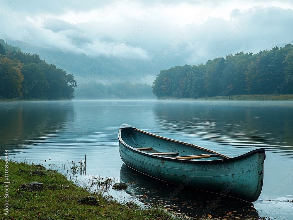 Peaceful Lake with Solitary Canoe Drifting in Misty Reflection of Overcast Sky Peaceful Lake with Solitary Canoe Drifting in Misty Reflection of Overcast Sky