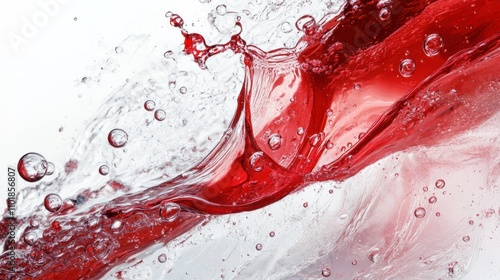 Elegant splash of red wine champagne in a crystal glass, with bubbles and vibrant liquid motion, on white