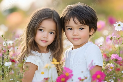 Children smile together in a vibrant flower field during a sunny day in spring