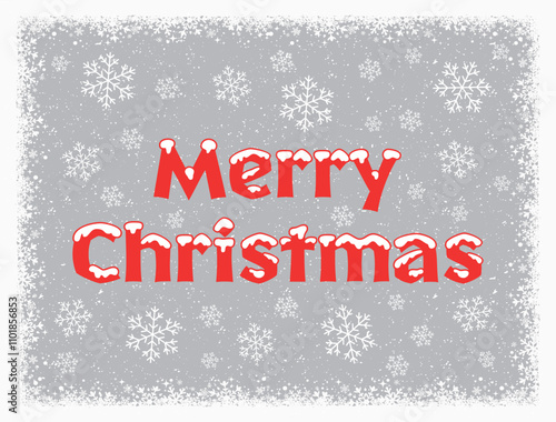 Merry Christmas graphic with snow covered red letters over a transparent background and snow border frame and white snowflakes falling