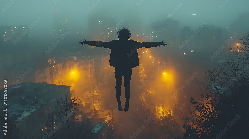 Silhouetted Figure Floating Above a Misty City Symbolizing Freedom and Imagination Silhouetted Figure Floating Above a Misty City Symbolizing Freedom and Imagination