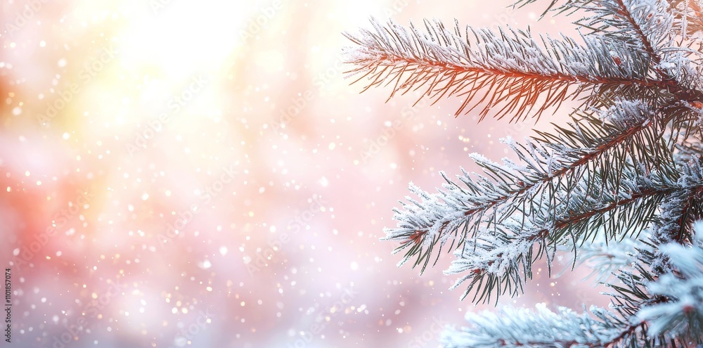 This winter background image features frosted spruce branches and small drifts of snow with bokeh lights and text space. This winter background image features frosted spruce branches and small drifts of snow with bokeh lights and text space.