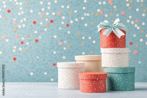 Colorful gift boxes arranged with a decorative bow against a polka dot backgr...