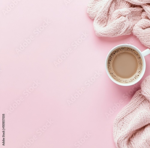Warm coffee cup with soft pink blanket and delicate blossoms arranged artfully