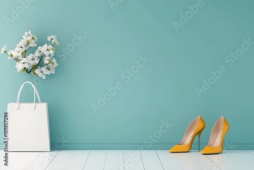 Stylish yellow heels and elegant flowers create a vibrant display on a teal b...