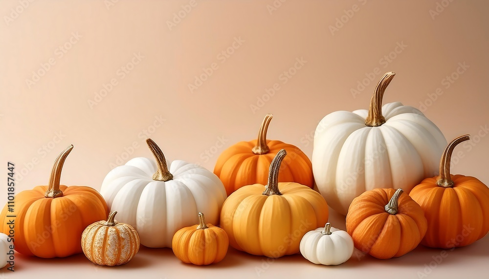 Obraz premium Assorted small orange and white pumpkins are arranged on a soft pastel beige background evo_1(798)