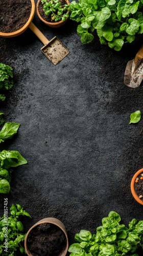 Gardening setup with fresh soil and potted plants arranged for cultivation