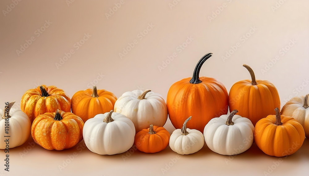 Assorted small orange and white pumpkins are arranged on a soft pastel beige background evo_1(796) Assorted small orange and white pumpkins are arranged on a soft pastel beige background evo_1(796)