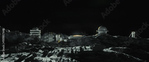 Moon surface with the lunar base  on the horizon
