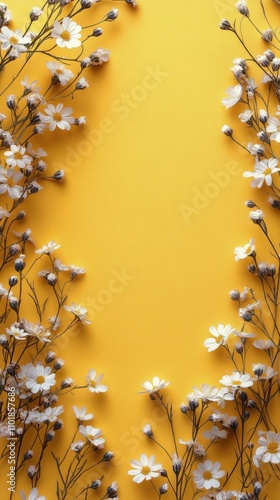 Bright yellow background framed with delicate white flowers creates a cheerfu...