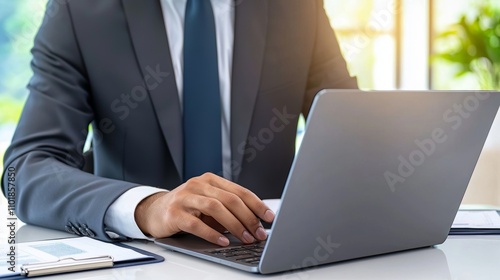 Businessman Working on Laptop Office Desk Close Up Hands Typing Professional Corporat