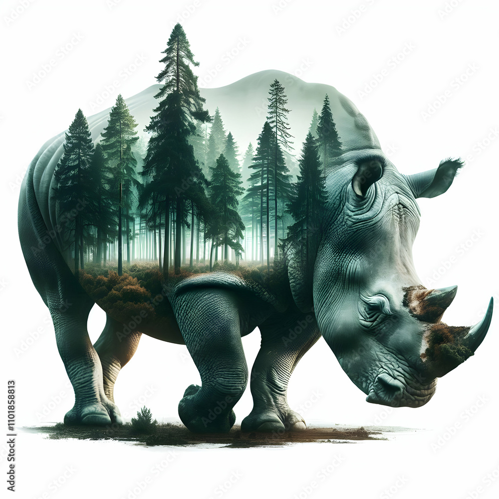Fototapeta premium Double Exposure Forest Rhino Illustration