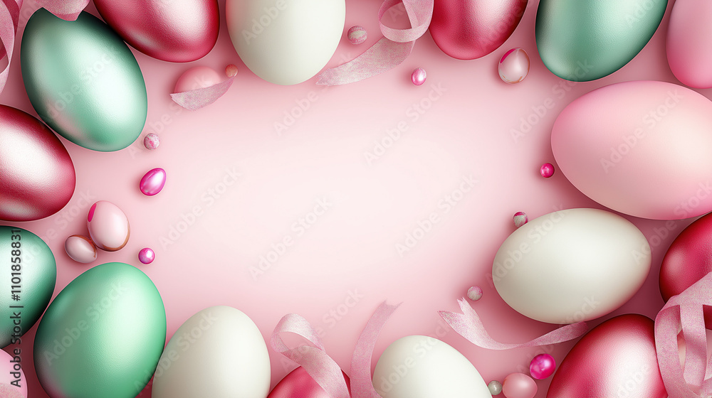 Easter eggs and spring flowers on pink background with copy space Easter eggs and spring flowers on pink background with copy space