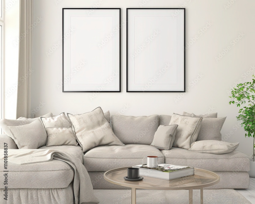 Fototapeta premium Minimalist living room interior with a beige sectional sofa. two framed mockups. a coffee table. and a potted plant