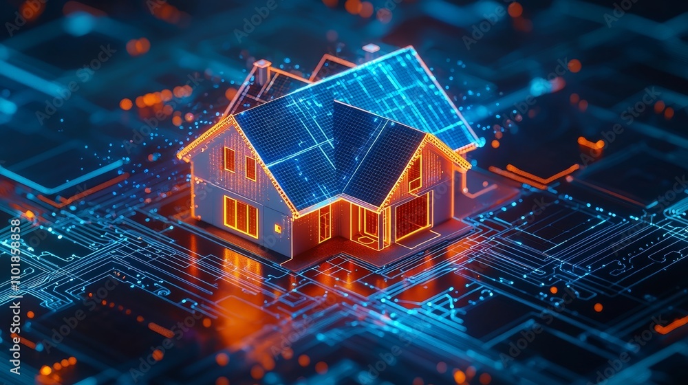 Smart home blueprint with solar panels on the roof. Smart home blueprint with solar panels on the roof.