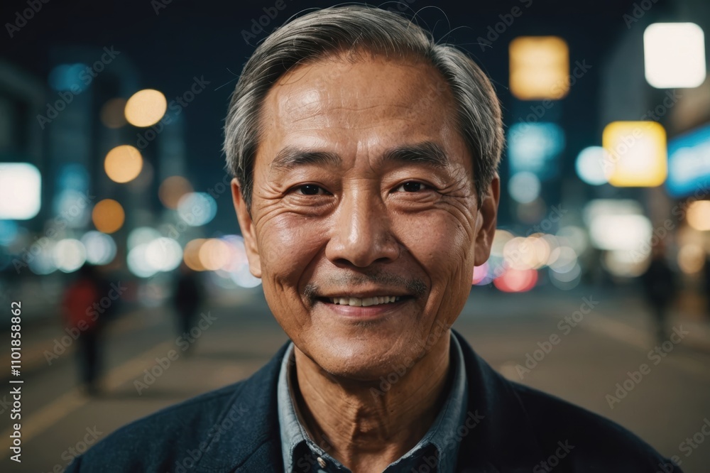 Close portrait of a smiling senior South Korean man looking at the camera, South Korean city outdoors at night blurred background Close portrait of a smiling senior South Korean man looking at the camera, South Korean city outdoors at night blurred background