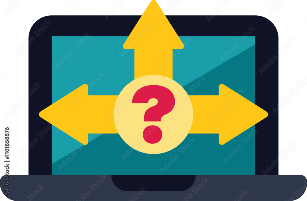 Laptop displaying question mark and arrows pointing in different directions, symbolizing the need to make a choice Laptop displaying question mark and arrows pointing in different directions, symbolizing the need to make a choice