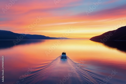 Beautiful sunset over calm lake with boat gliding through water in serene lan...