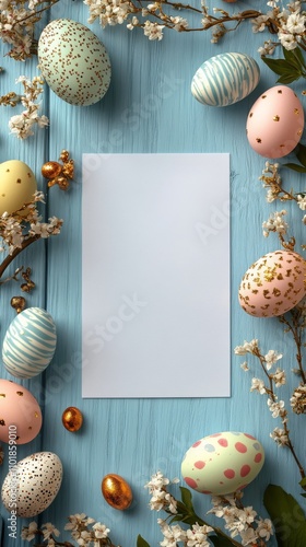 Decorative spring arrangement with pastel colored eggs and blossoms on a blue...