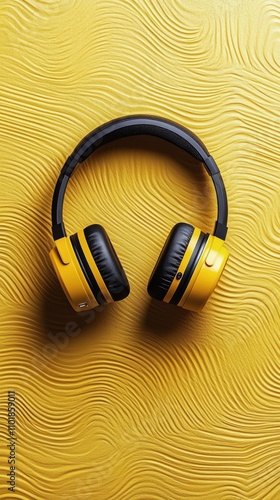 Black headphones on a vibrant yellow background with digital patterns for a m...