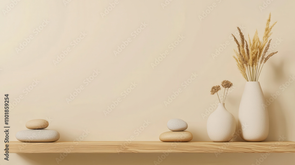 serene beige background features wooden shelf adorned with smooth stones and elegant vases holding dried flowers, creating calming atmosphere serene beige background features wooden shelf adorned with smooth stones and elegant vases holding dried flowers, creating calming atmosphere