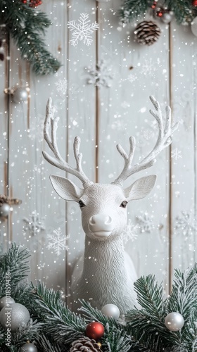 White reindeer decoration surrounded by festive greenery and snowflakes in a ...