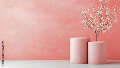 Pink cylindrical containers on a pastel background in a minimalist setting