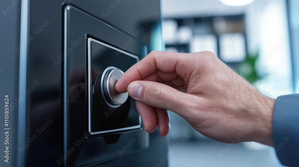 Naklejka premium hand is turning dial on modern black electric safe, showcasing security and functionality in contemporary setting