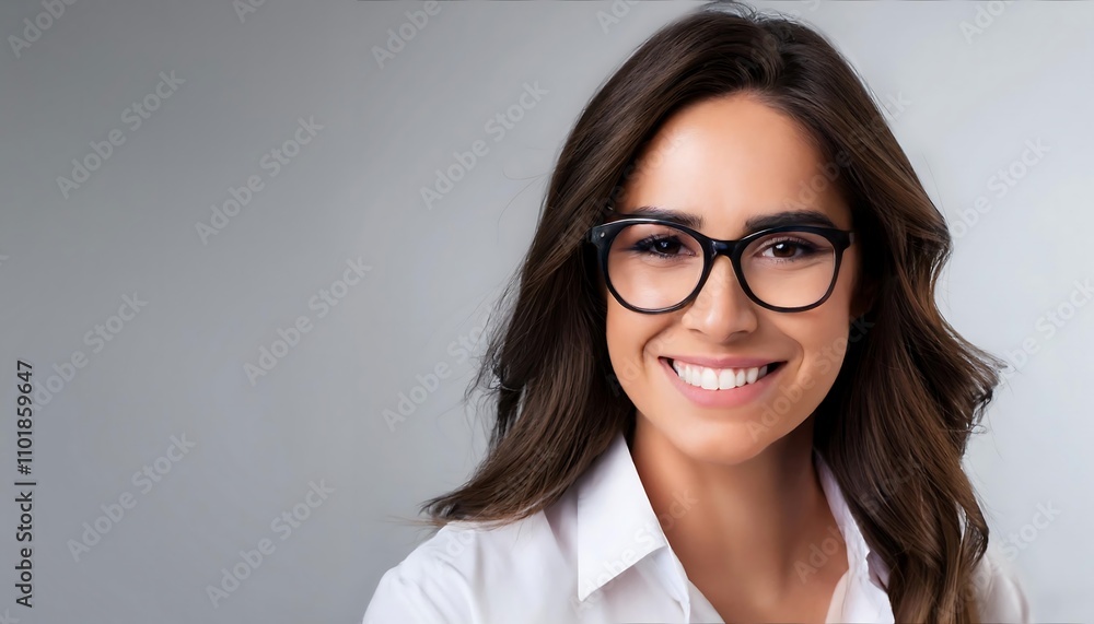 A young woman with glasses smiles warmly, wearing a casual white shirt in front of a ne_1(779) A young woman with glasses smiles warmly, wearing a casual white shirt in front of a ne_1(779)