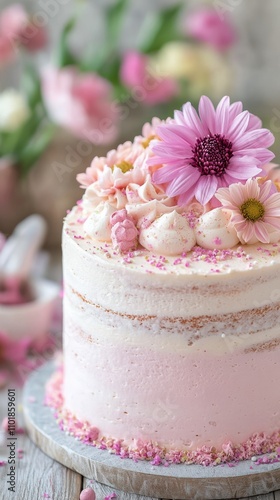 Beautiful pink floral cake decorated with fresh flowers and pastel colors for...