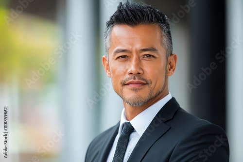 Professional man in suit poses confidently with urban backdrop during a sunny...