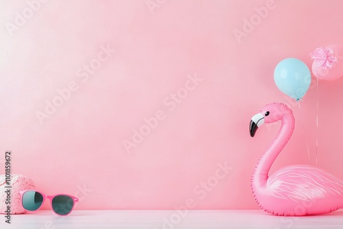 Pink flamingo pool float wearing sunglasses against a pastel pink background ...