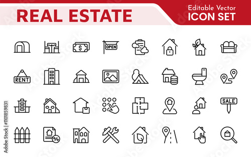 Real Estate Icon Set. A comprehensive collection of stylish and professional icons designed for the real estate industry, perfect for enhancing property listings, websites, and marketing materials.