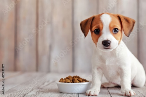 Adorable puppy sits beside a bowl of food on a wooden floor in a cozy setting