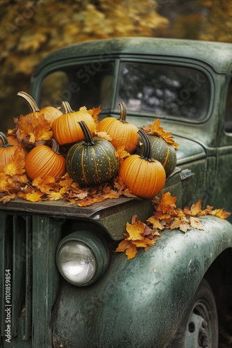 A colorful truck with pumpkins and fall decorations, perfect for Halloween or harvest-themed content photo