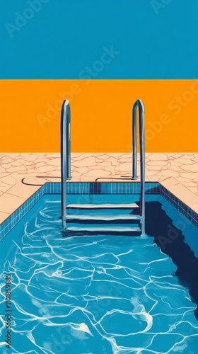 Calm blue swimming pool with steps under a clear sky at sunny midday