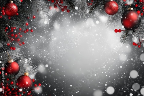 Festive Christmas decoration with red ornaments and pine branches in winter s...