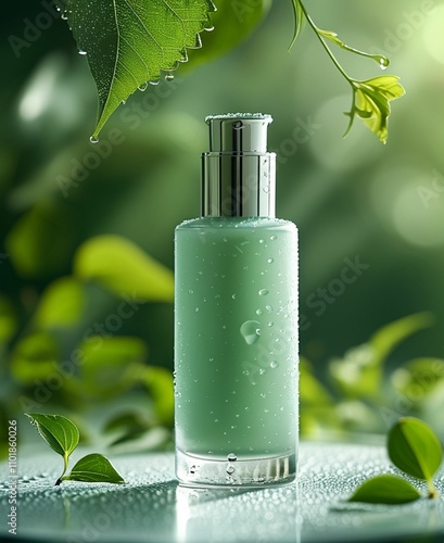 bottle of perfume with green leafa and water drops on the background. photo