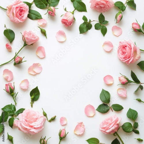 Soft pink roses arranged with petals on a white surface creating a serene dec...