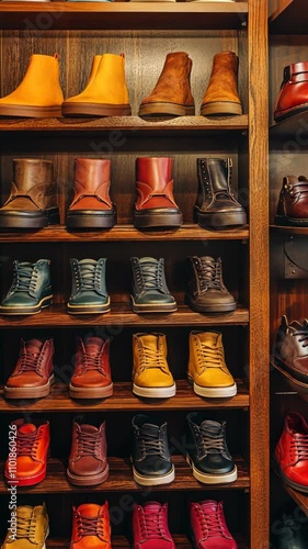 Wallpaper Mural Various styles of footwear arranged neatly on wooden shelves in a store displaying an assortment of colors and designs Torontodigital.ca