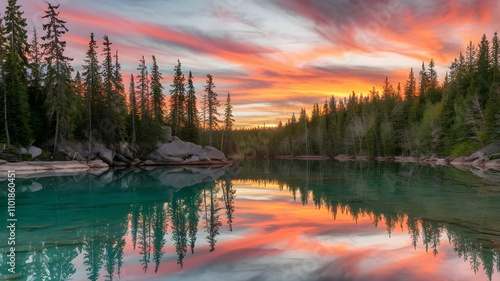 A beautiful sunset over a serene lake with trees in the background