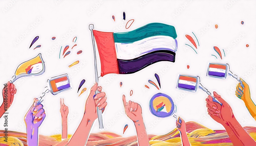 Naklejka premium UAE National day, National Day of United Arab Emirates. National Day Concept Design, flag of united Arab emirates in desert background, wave flag of UAE, flag day