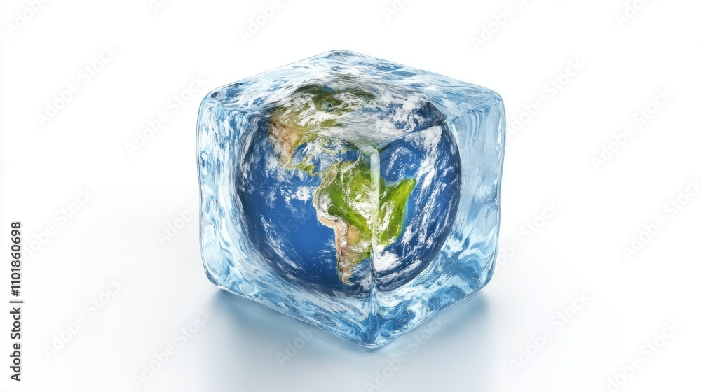 Planet earth freezing inside ice cube on white background: climate change concept