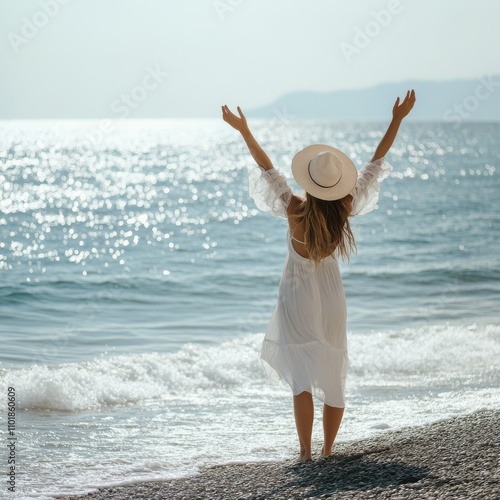 Woman enjoying a peaceful moment on the beach with arms raised under a sunlit...
